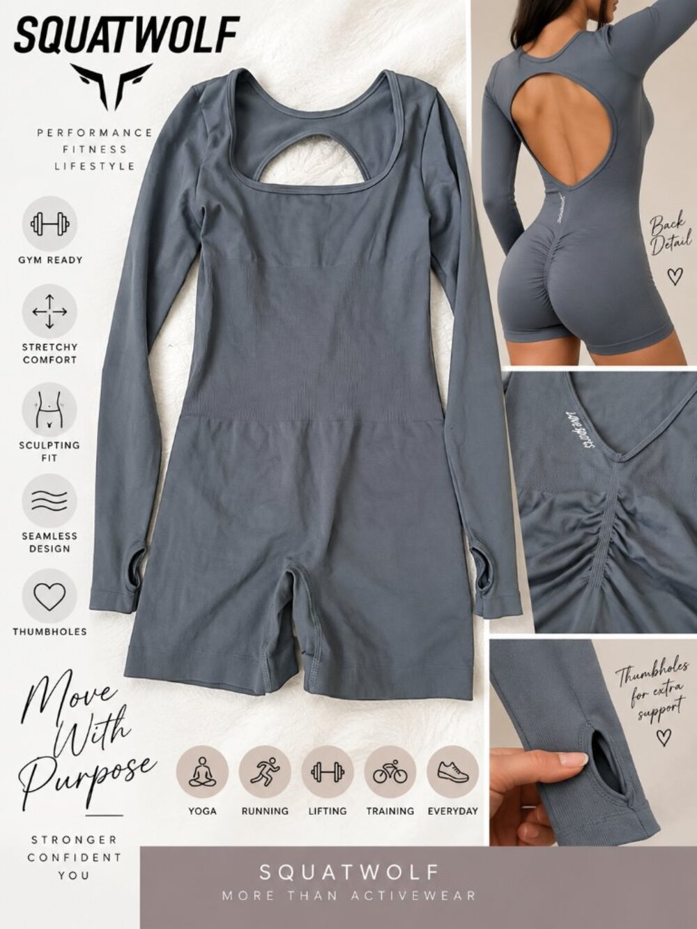 SQUATWOLF Gray Seamless Long Sleeve Workout Romper Unitard Open Back